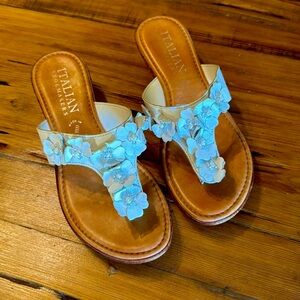 Italian Shoemakers Thong Sandals - White Leather, Flowers with Beaded Crystals